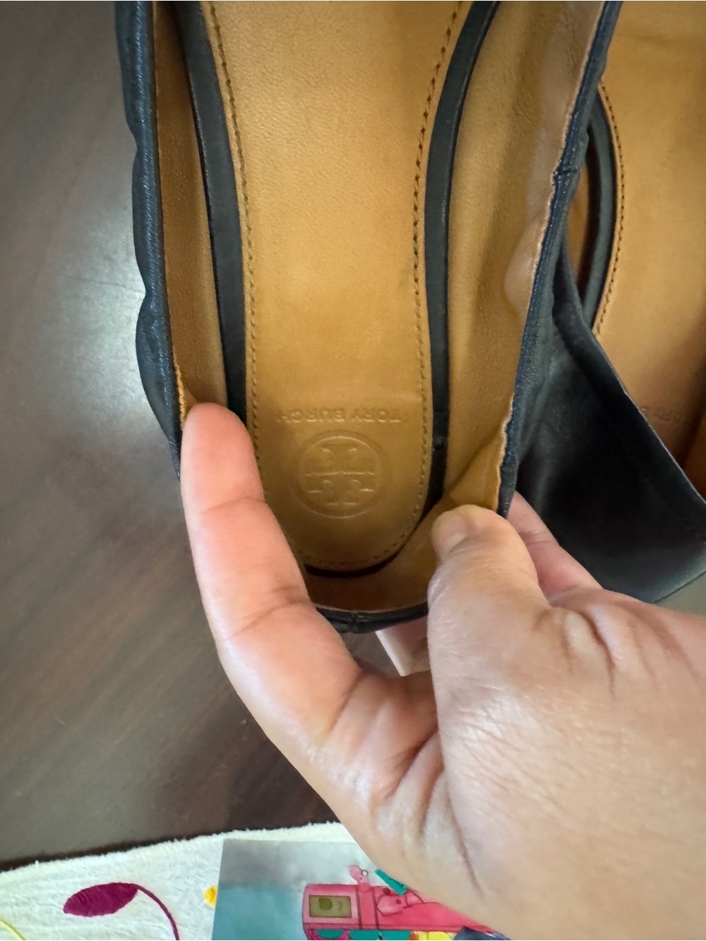 Tory Burch Black Leather Ballet Flats with Gold Logo Emblem - Picture 3 of 8